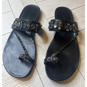 Andrew Geller Believe Black Jeweled Flat Sandals W/ Toe Loop & Chain.‎ Sz 7.5M